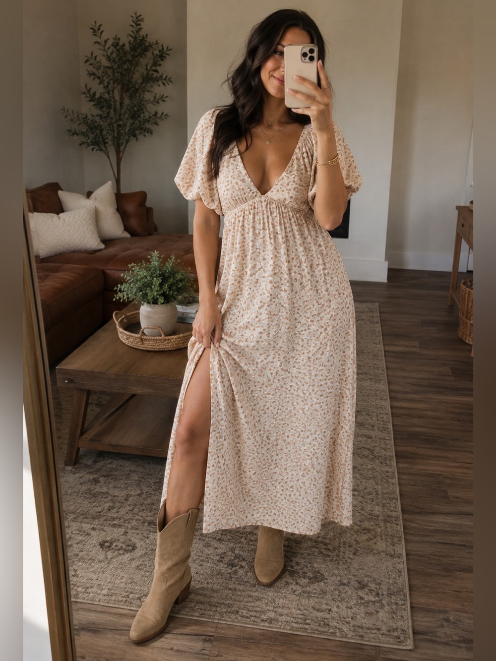 NWT Saltwater Luxe Tristan Puff Sleeve Midi Dress Sand Beige Floral Size S Boho